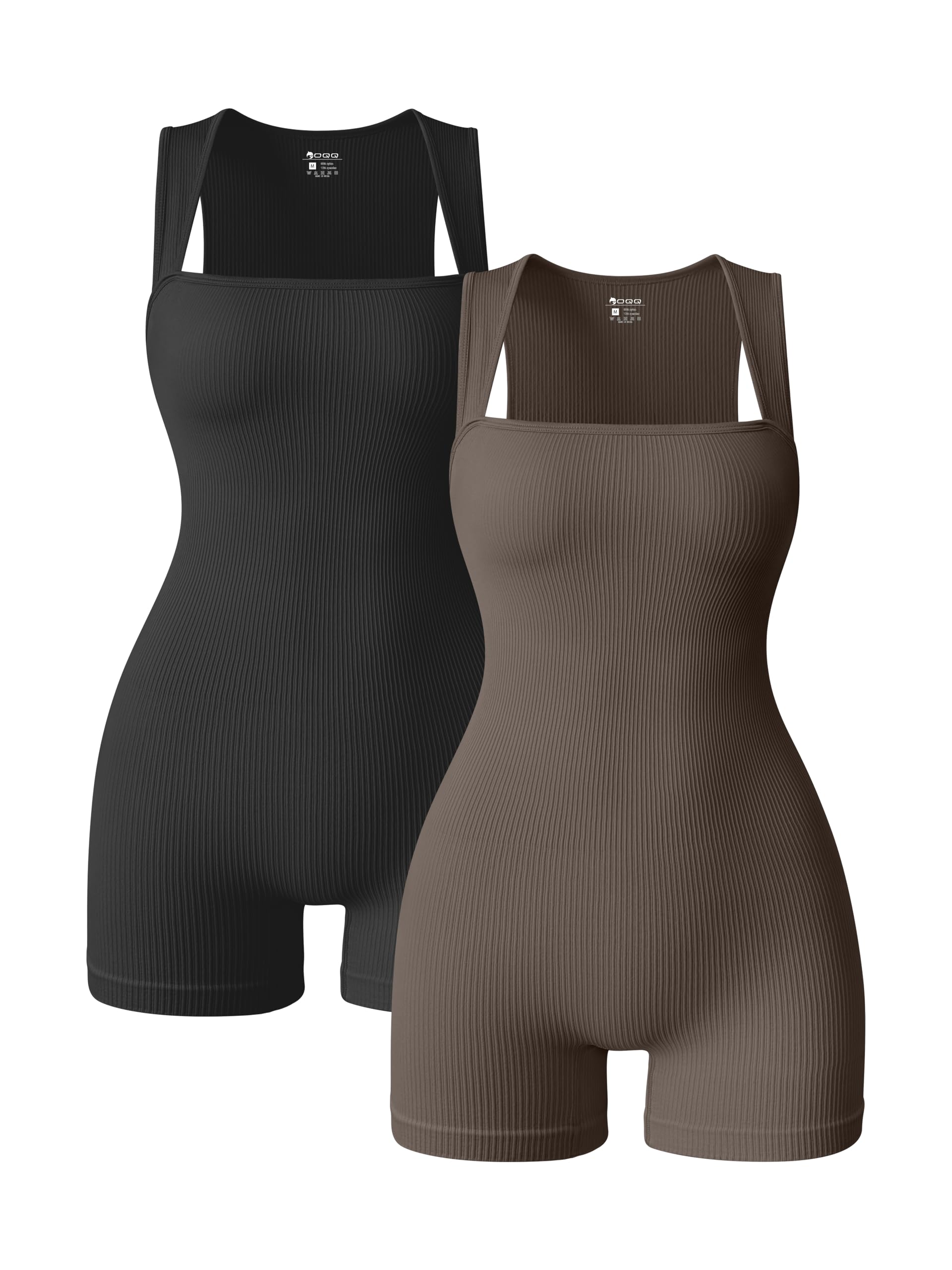 Photo 1 of OQQ Women 2 Piece Rompers Yoga Stretch Strappy Square Neck Sleeveless Exercise Rompers Black Tea leaf
