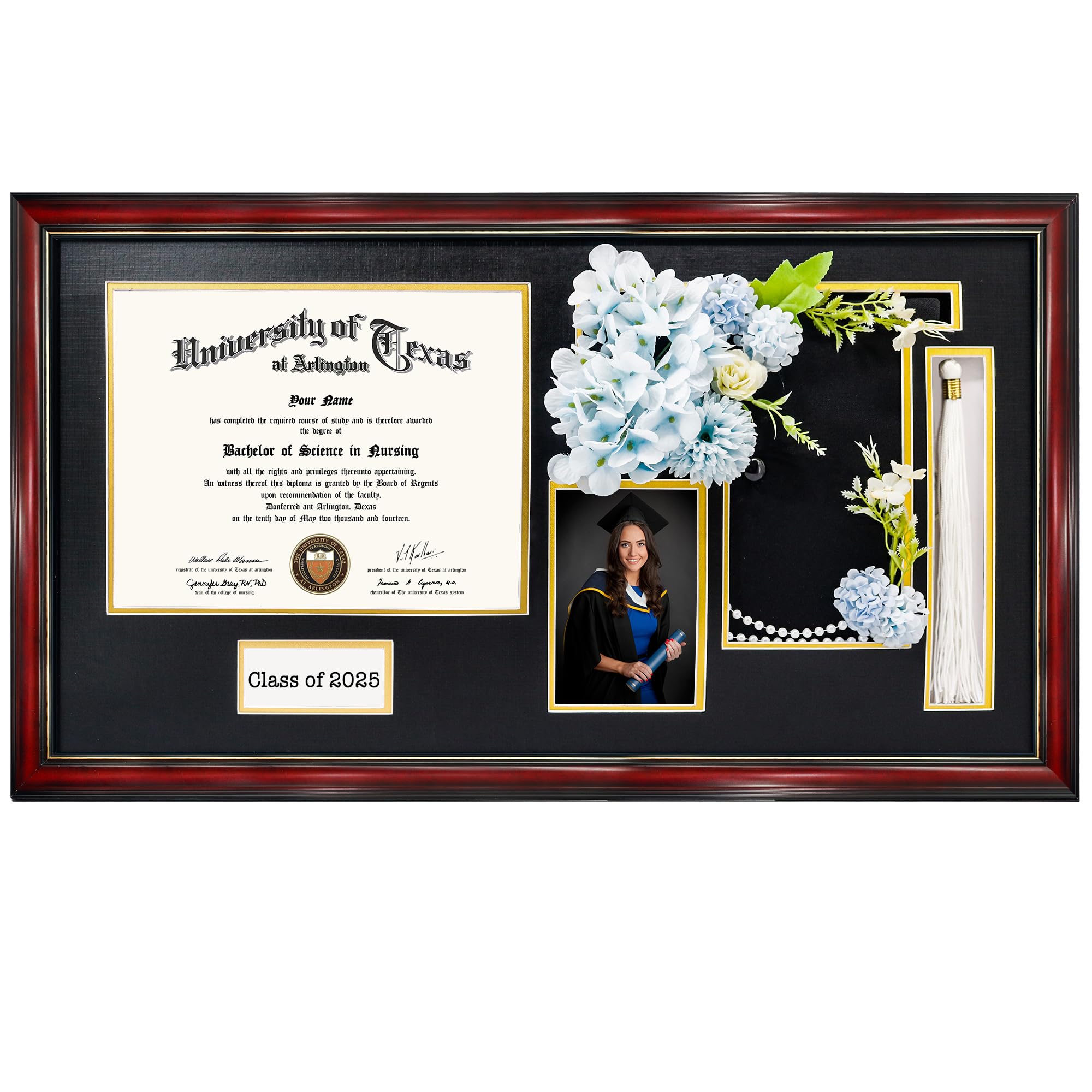 GraduationMall Class of 2025 Graduation Frame for 8.5x11 Diploma & 4x6 Photo with Graduation Cap & Tassel Holder, Cherry Wood Display Case with Black Gold Mat Image