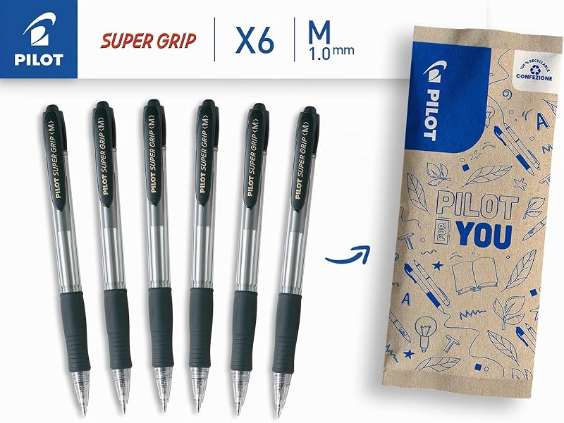 - Set di 6 Penne a sfera Super Grip - Penna a scatto ricaricabile - Nero - Punta Media
