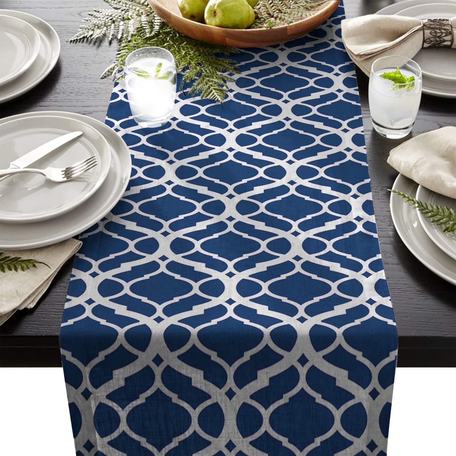 ARTSHOWING Modern Geometric Table Runner Party Supplies Fabric Decorations for Wedding Birthday Baby Shower 13x90inch Elegant Moroccan Plaid Navy Blue, Triangle Trim