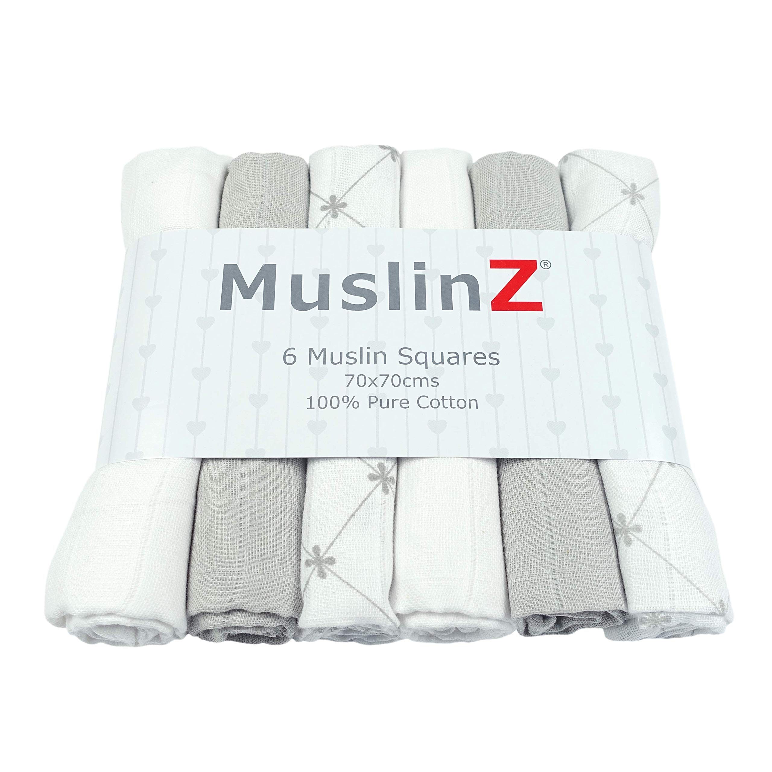 MuslinZ 6pk Baby Muslin Squares Burp Cloth 100% Cotton 70x70cm (Grey Tile)