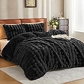 JELLYMONI Plush Duvet Cover Set - King Size Black Faux Fur Comforter Cover 3pcs Bedding Set Luxury Ultra Soft Striped Fluffy Duvet Cover with Zipper and 2 Pillowcases (NO Comforter)