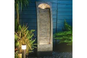 SUNLINUA Indoor Water Fountain Modern Curved Faux Slate Waterfall Fountain with LED Lighting 42.5 Inch Tall Tiered Waterfall for Garden Patio Backyard Decor - Durable and Weather- Resistant Design