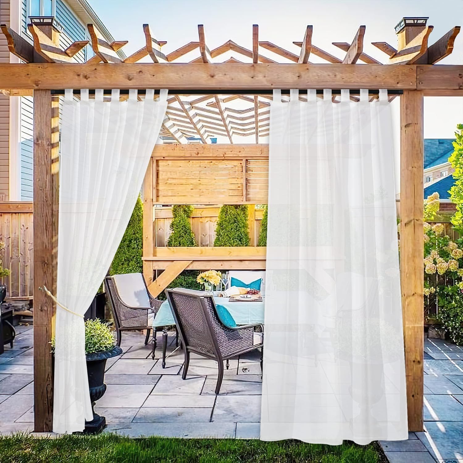 Outdoor Curtains - NICETOWN 2 Panels Indoor Outdoor Waterproof Patio Curtains, Sticky Tab Top Soft Voile Sheer Vertical Indoor Outdoor Drapes Easy Hanging for Porch/Cabana, Ivory, W54 x L96