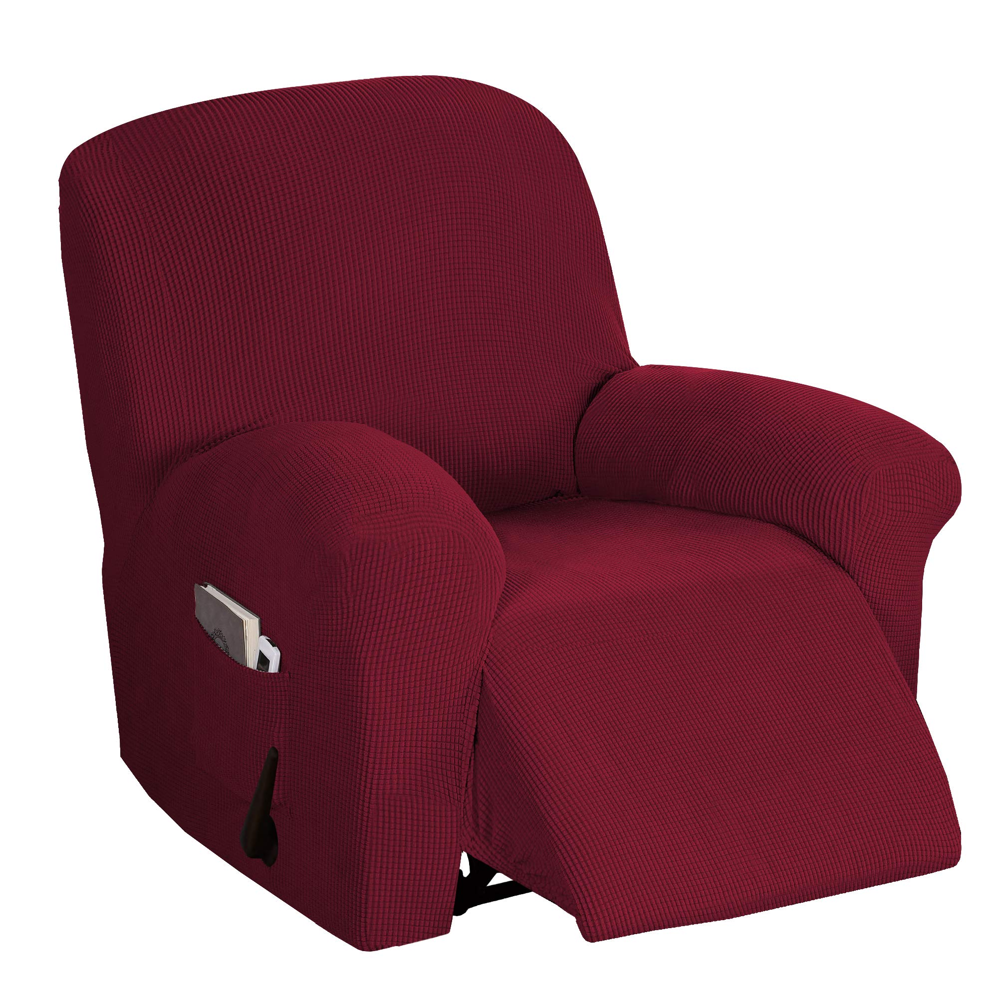 BellaHills Stretch Recliner Cover Recliner Chair Covers for Living Room Recliner Chair Slipcover with Side Pocket, Thick Soft Small Checked Jacquard, Fitted Standard/Oversized Recliner, Burgundy Red