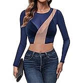 GAMISS Mesh Crop Tops for Women Long Sleeve O-Neck Sheer Shirt See Through Color Block Tees Shirts