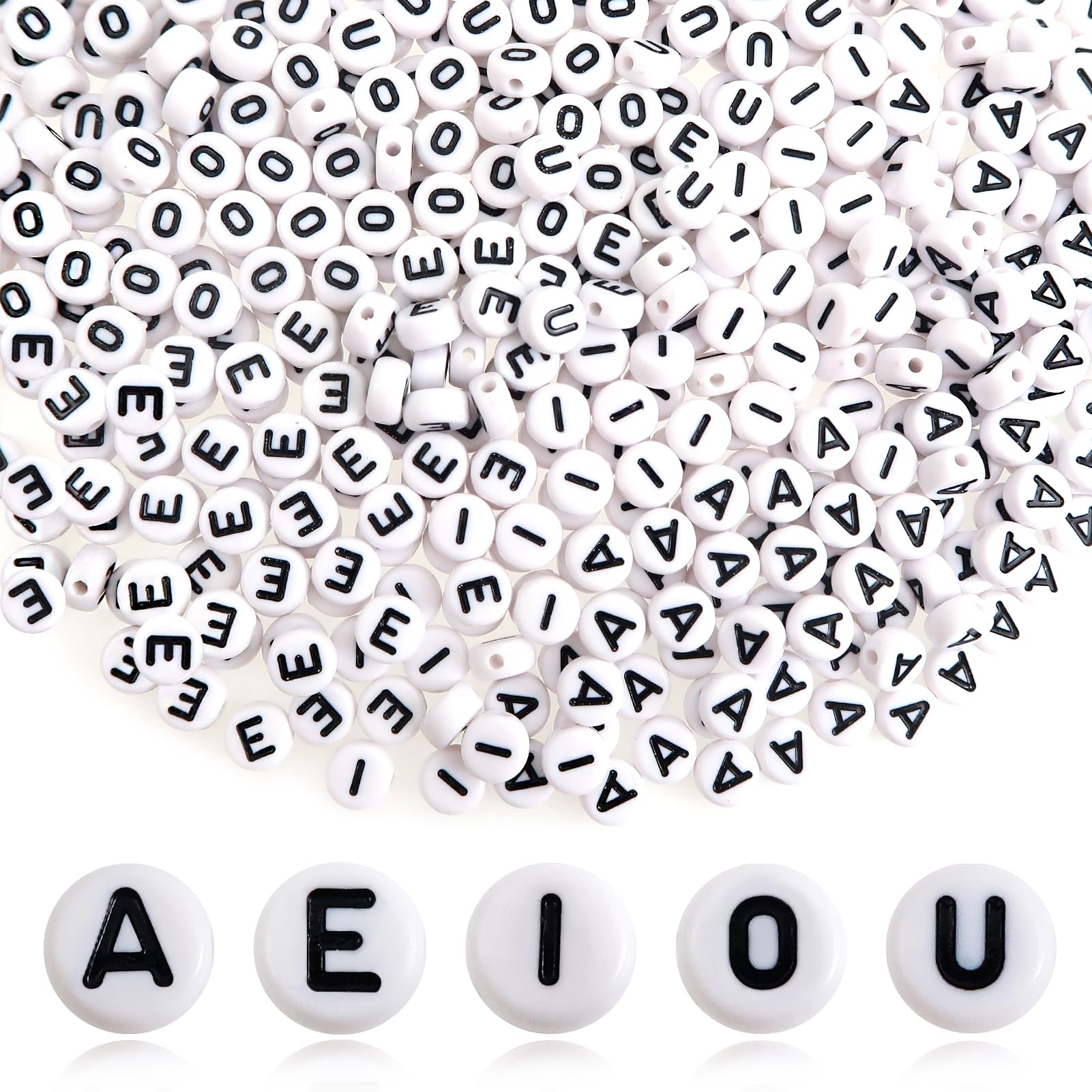 TOAOB 500pcs Vowel Letter Beads 7mm Round Acrylic Alphabet Beads with Black Word A E I O U for Necklace Bracelet Jewellery Making