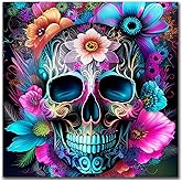 igoodom Diamond Art Kits for Adults, Sugar Skull Diamond Painting Kit, Full Drill Round Skull Flower Diamond Art Kits, DIY Gem Art and Crafts for Home Wall Decor Gift 13.78x13.78inch