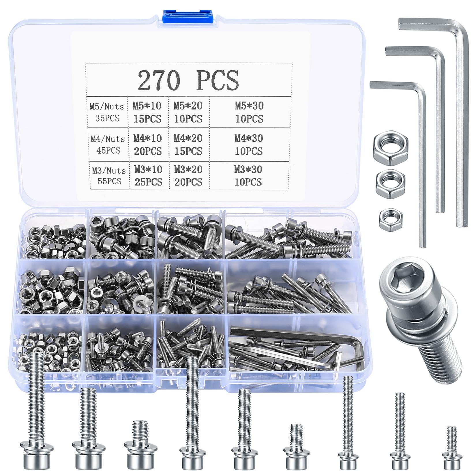 M3 M4 M5 Bolts and Nuts set, 270 Pcs Hex Socket Head Cap Screws Nuts and Bolts with Washers Kit, Hex Head Bolts Machine Screws Bolt and Nut Assortment Kit for Bicycle Motorcycle Repair