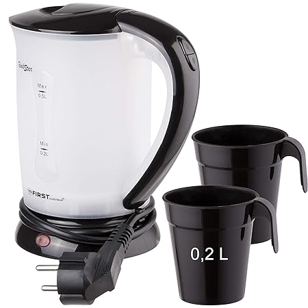 TZS First Austria - 0,5 Liter Reisewasserkocher mit 2 Becher 700 Watt Mini-Wasserkocher für Camping-Wasserkocher Reise-Wasser
