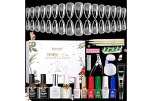 BEETLES GEL POLISH Beetles Tipex Lite Apex Christmas Gift Nail Tips Kit –Almond Medium 16Sizes, 6 Pcs Red Sparkle Green Glitter Gold Silver Dark Red Gel Polish Kits, UV Solid Glue, Base & Top Coat, 3 Nail Art Brushes