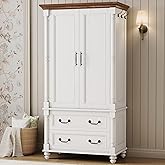 LIKIMIO Farmhouse Armoire Wardrobe Closet with 2 Doors and 2 Drawers, 70" H x 36" W, Large Bedroom Armoire with Roman Column and 3 Hanging Hooks, Wooden Freestanding Closet Cabinet, White