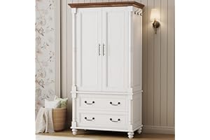 LIKIMIO Farmhouse Armoire Wardrobe Closet with 2 Doors and 2 Drawers, 70" H x 36" W, Large Bedroom Armoire with Roman Column and 3 Hanging Hooks, Wooden Freestanding Closet Cabinet, White