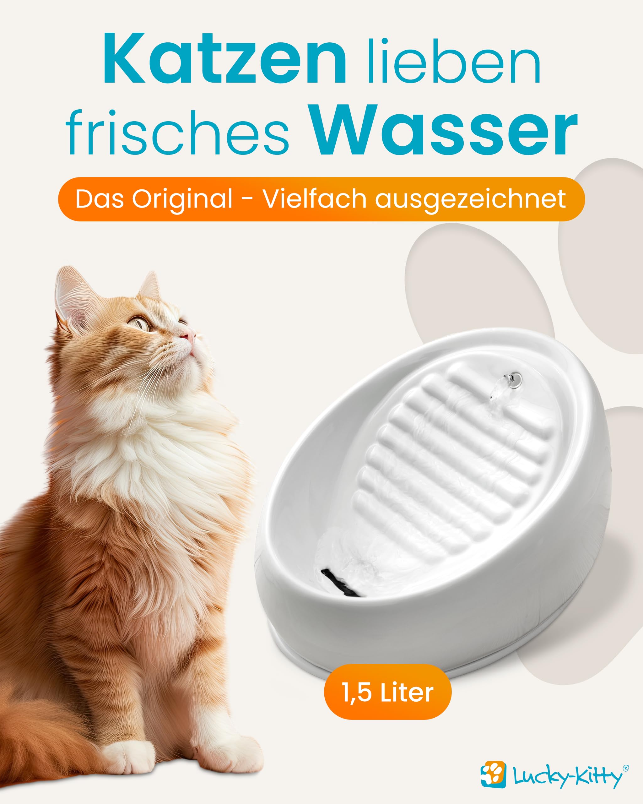 Lucky-Kitty Trinkbrunnen für Katze grau I Katzenbrunnen Keramik Handarbeit, hygienisch I Kein Aufladen, kein Filter-Tausch I Trinkbrunnen leise & energiesparend I Wasserspender Katzen plastikfrei 2