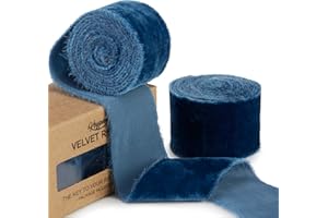 Keypan Blue Velvet Ribbon for Gift Wrapping - 1 1/2 inch Wide Handmade Fringe Fabric Ribbons for Christmas Decorations, Baby Shower, Flower Bouquet