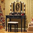 Tiptiper Makeup Vanity with Lights, Vanity Desk with 10 Light Bulbs & 3 Color Lighting Modes, Vanity Table with 5 Drawers and Cushioned Stool, Makeup Table with Tri-Fold Mirror for Women Girls, Black