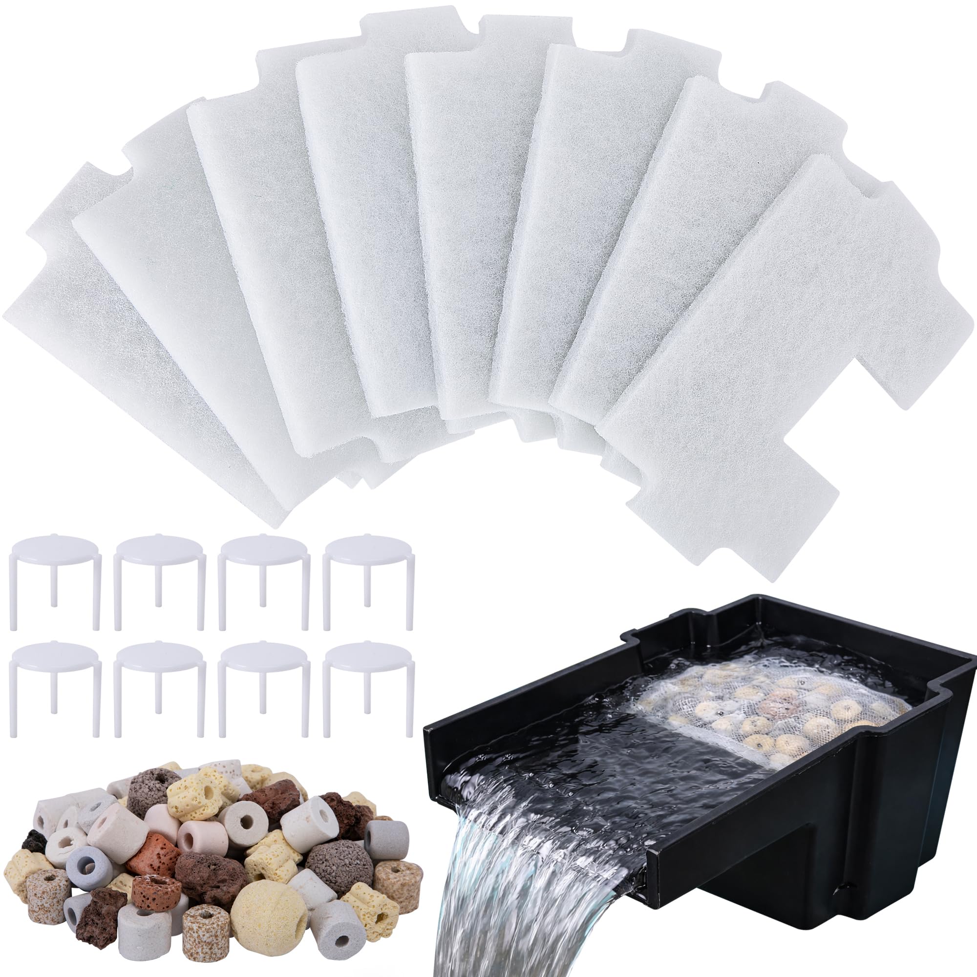 Photo 1 of Adnee 17 Pcs Pond Waterfall Spillway Filter Media, 8 Inch Waterfall Box Filter Pad with Bracket and Ceramic Rings, Reusable Pond Filter Replacement Mat to Maintain Water Quality, No Spillway Included