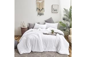 Houseri White Comforter Set King Boho Jacquard Bedding Tufted Solid White Comforter King Size All White Shabby Chic Bedding Comforter Women Men Teen Girls Plain White Farmhouse Bed Quilt Blankets King
