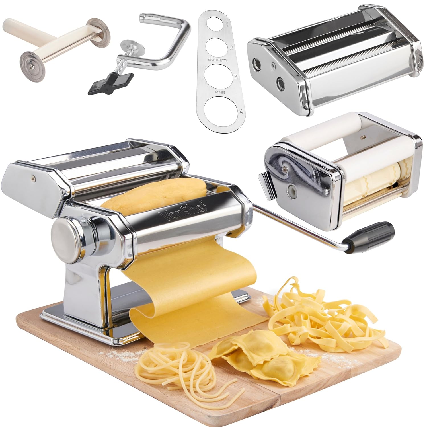 VonShef Pasta Maker, 3 in 1 Pasta Machine Stainless Steel, Pasta Roller with 3 Cut Press Blade Settings, Table Top Clamp and Pasta Measuring Tool for Homemade Spaghetti, Fettuccini