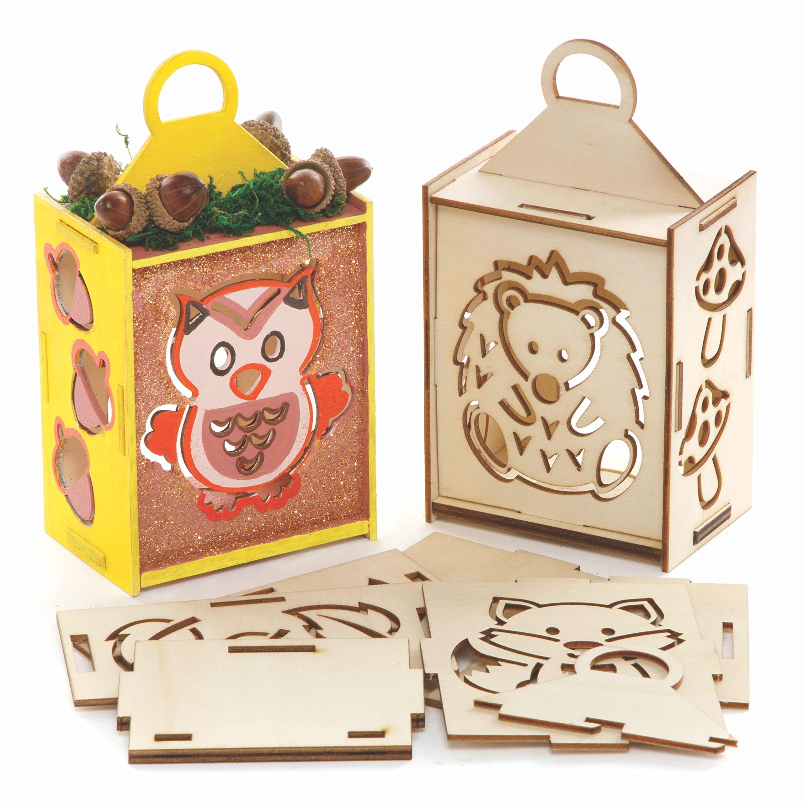 Baker Ross FE726 Woodland Animal Lantern - Pack of 3, Wooden Craft Set for Children, Autumn Arts and Crafts for Kids Activities to Colour In, Decorate and Display