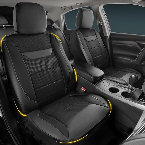 KINGPHENIX 2 PACK FRONT MEMORY FOAM LEATHER CAR SEAT COVERS, BREATHABLE 4D MESH, EASY INSTALL AUTOMOTIVE SEAT PROTECTORS, AIRBAG COMPATIBLE, UNIVERSAL FIT FOR CARS, TRUCKS, VANS, SUV – BLACK