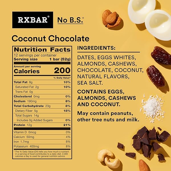 RXBAR PROTEIN BARS, PROTEIN SNACK, SNACK BARS, COCONUT CHOCOLATE, 22OZ BOX (12 BARS)