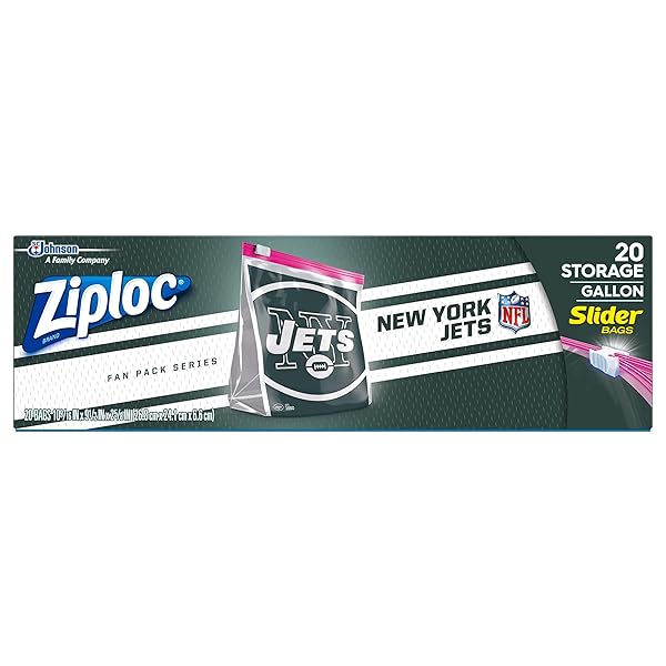 ZIPLOC SLIDER STORAGE GALLON BAG, GREAT FOR GRAB-AND-GO SNACKING, TAILGATING OR HOMEGATING, 20 COUNT- NFL NEW YORK JETS