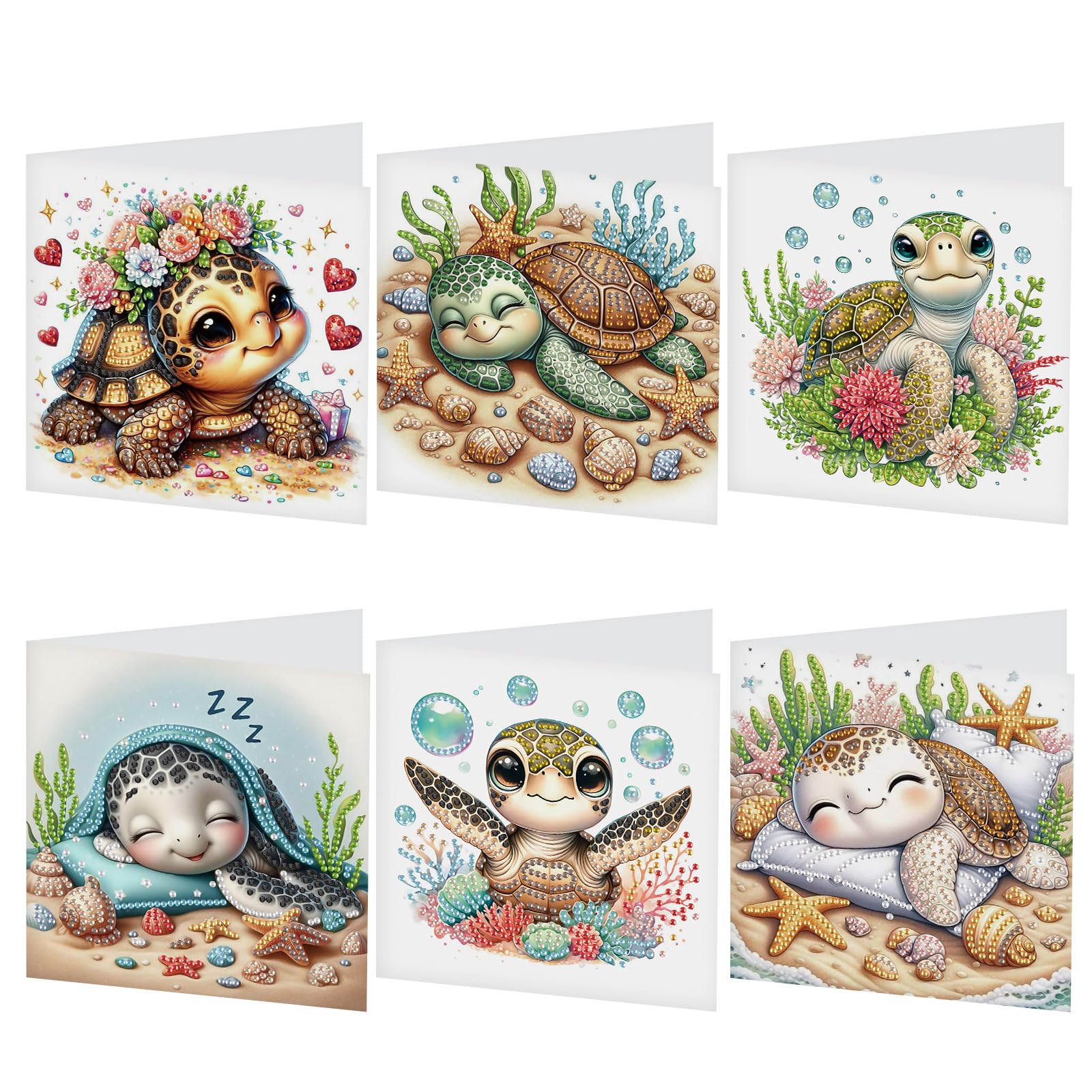Photo 1 of 6 pcs Diamond Art Painting Greeting Card Kits, Animal Cute Turtle Design Irregular Shapes Diamond Art Fine Glitter Greeting Cards with Envelopes, Clay Glue, Pen, and Bead Bag for Creative Gifts