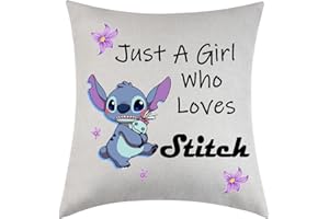 AEIWJOI Stitch Cushion Cover Ohana Stitch Gifts for Girls, Lilo Stitch Gifts Stitch Pillow Cover, Just A Girl Who Loves Stitch, Stitch Home Sofa Couch Living Room Decor 18”x18”