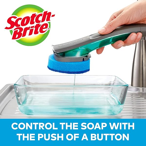 SCOTCH-BRITE ADVANCED SOAP CONTROL NON-SCRATCH DISHWAND, 1 DISH WAND, KEEP HANDS OUT OF THE MESS, PREVENTS SOAP FROM LEAKING, LEAK-FREE GUARANTEE, BEST FOR NONSTICK POTS AND PANS, GLASS, TUBS, & MORE