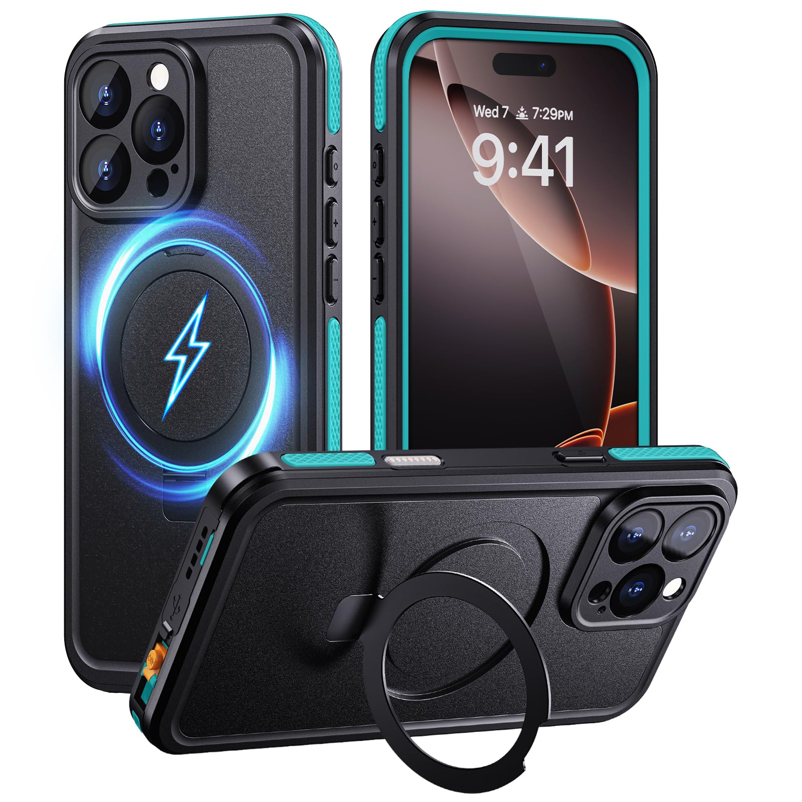 Lanhiem Magnetic for iPhone 16 Pro Max Waterproof Case, Dustproof Case Built-in Screen Protector, [Fit for MagSafe] [Invisible Stand] Shockproof Heavy Duty Underwater Case for 16 Pro Max (Light Blue)
