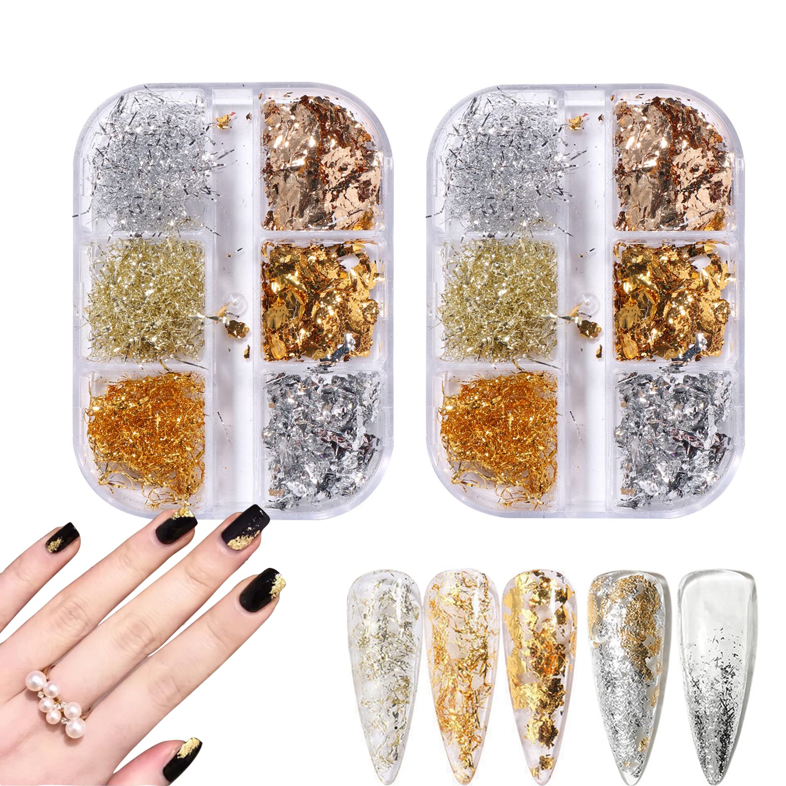2 Boxes Foil Nail Art Chip Glitter,Metallic Gold Silver Nail Paillette Glitter Foil,HOINCO 12 PCS Nail Art Foil Foil Flakes Nail DIY Accessories for Party Festival