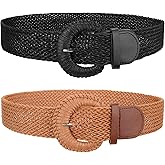 JASGOOD 2 Pack Women Woven Waist Belt for Dress Boho Rattan Belt Wide Braided Belt with Round Buckle