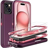 YKHJKLEC for iPhone 15 Case, Military Grade 3 in 1 Heavy Duty Shockproof/Drop Proof/Dust Proof Case with 2Pcs Tempered Glass Screen Protector (Purple/Pink)