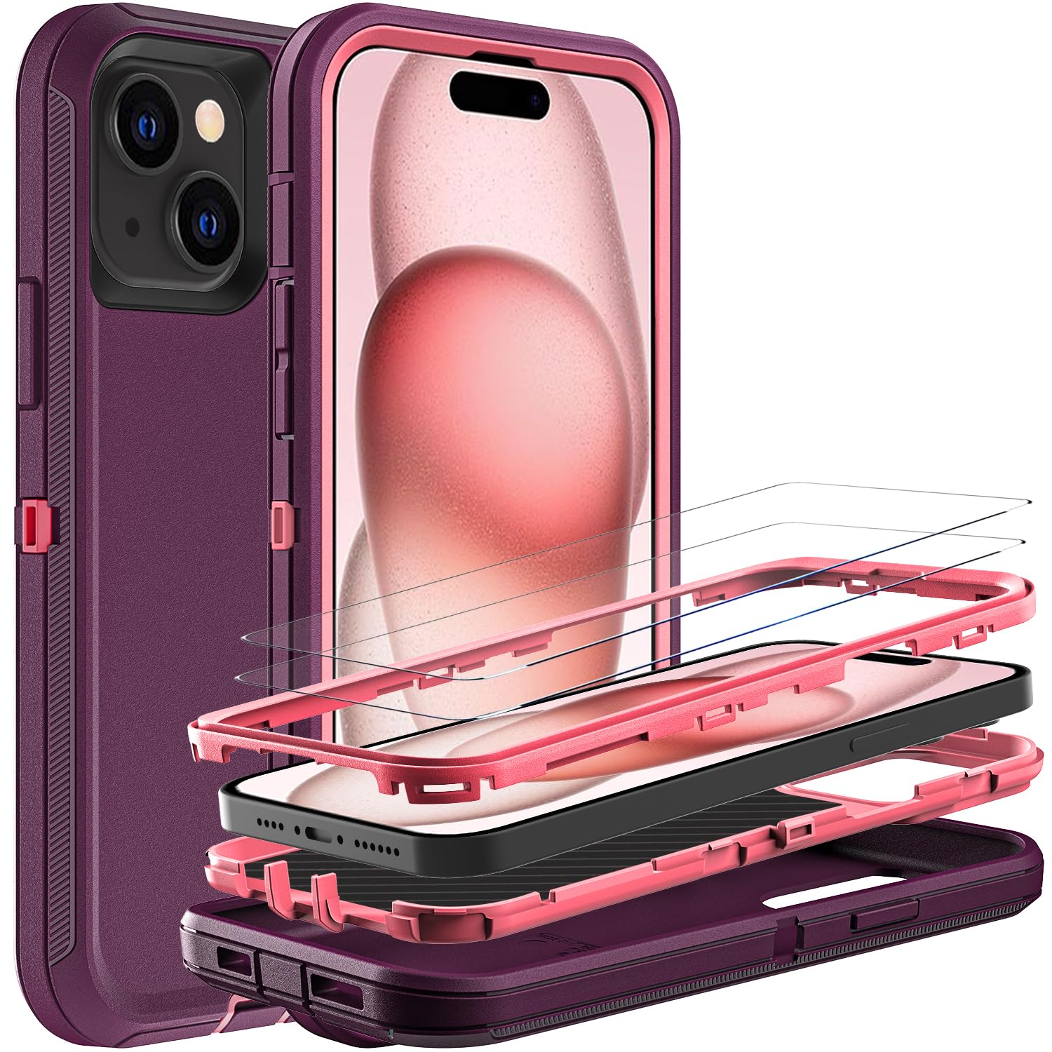 Photo 1 of YKHJKLEC for iPhone 15 Case, Military Grade 3 in 1 Heavy Duty Shockproof/Drop Proof/Dust Proof Case with 2Pcs Tempered Glass Screen Protector (Purple/Pink)