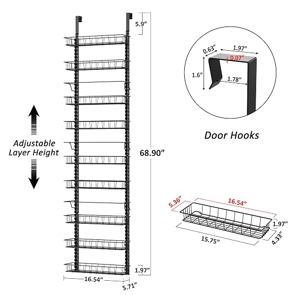 CHURBORO OVER THE DOOR PANTRY ORGANIZER RACK WITH 9 ADJUSTABLE BASKETS, 9 TIERS DUAL-USE HANGING OR WALL MOUNT SPICE RACK ORGANIZER, BLACK