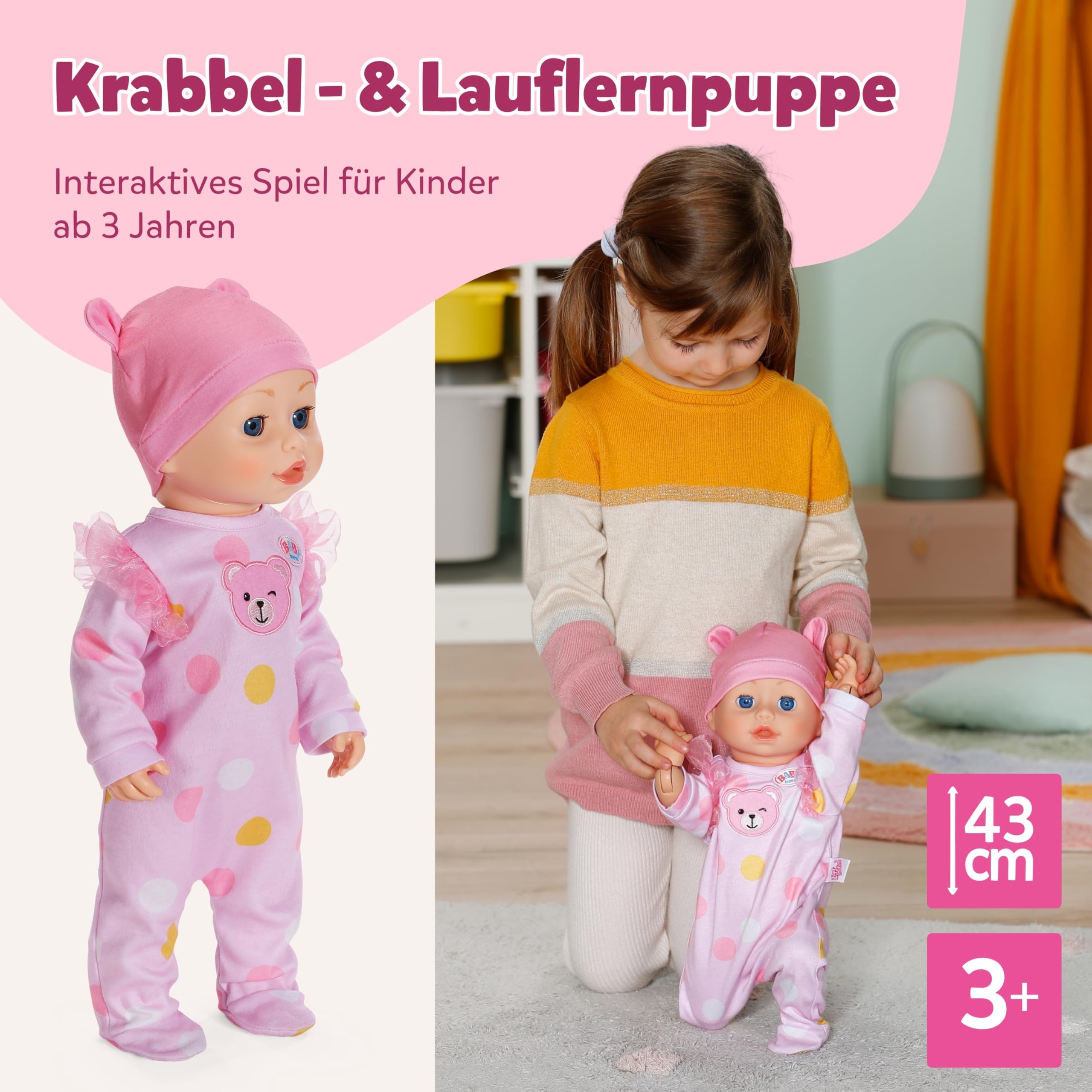 BABY Born Emily Lauf mit Mir - 43 cm Puppe mit elektronischen Funktionen - Krabbel- & Lauflernpuppe mit Soundfunktion - Inkl. rosa Strampler & Mütze - Geeignet für Kinder ab 3 Jahren 7
