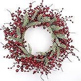 Yawwind 20 Inches Red Christmas Wreaths Farmhouse Christmas Wreaths for Front Door Classic Red Berry Wreath Winter Holiday Wreath with Fir Pine Needle for Doors Window Indoors Porches Outside