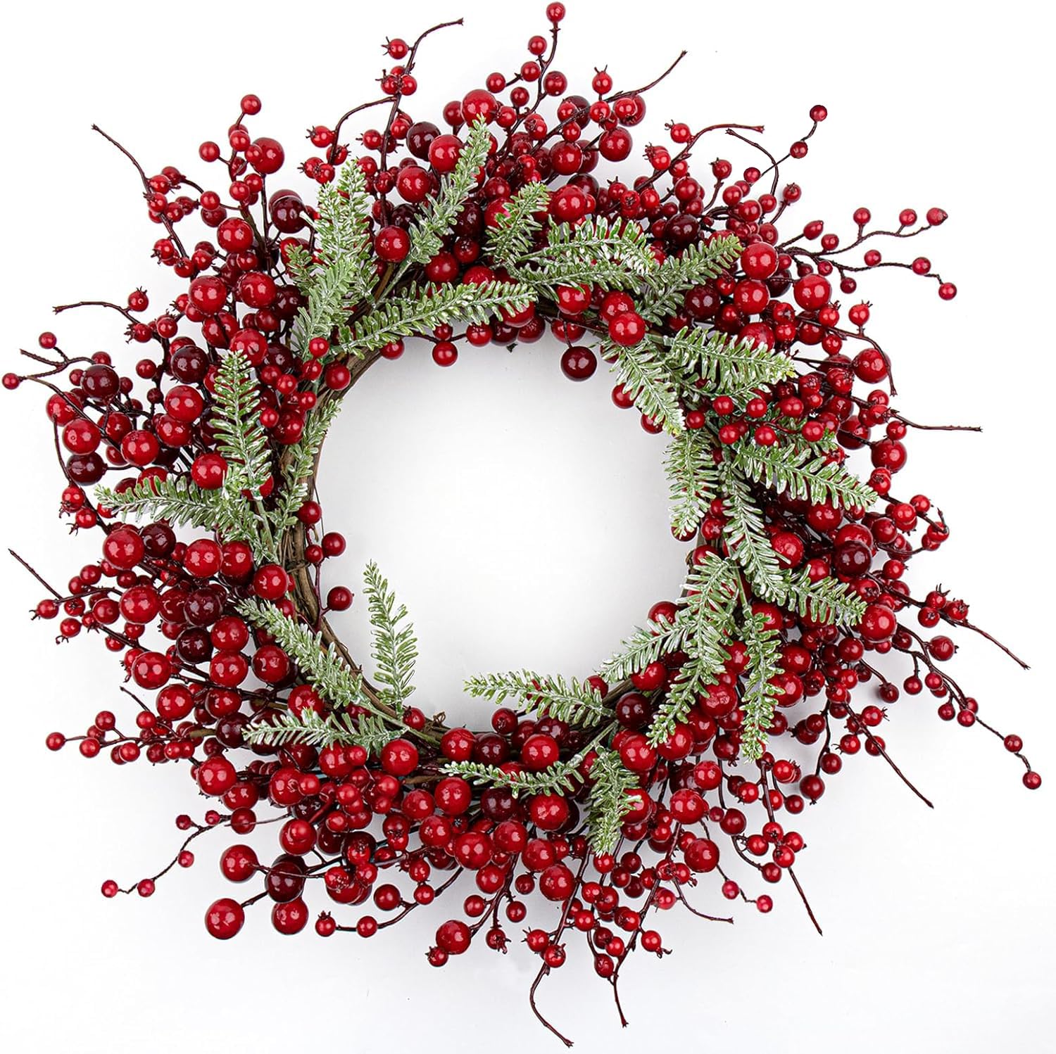 Photo 1 of **** photo stock for reference***( 20 Inches Red Christmas Wreaths Farmhouse Christmas Wreaths for Front Door Classic Red Berry Wreath Winter Holiday Wreath with Fir Pine Needle for Doors Window Indoors Porches Outside