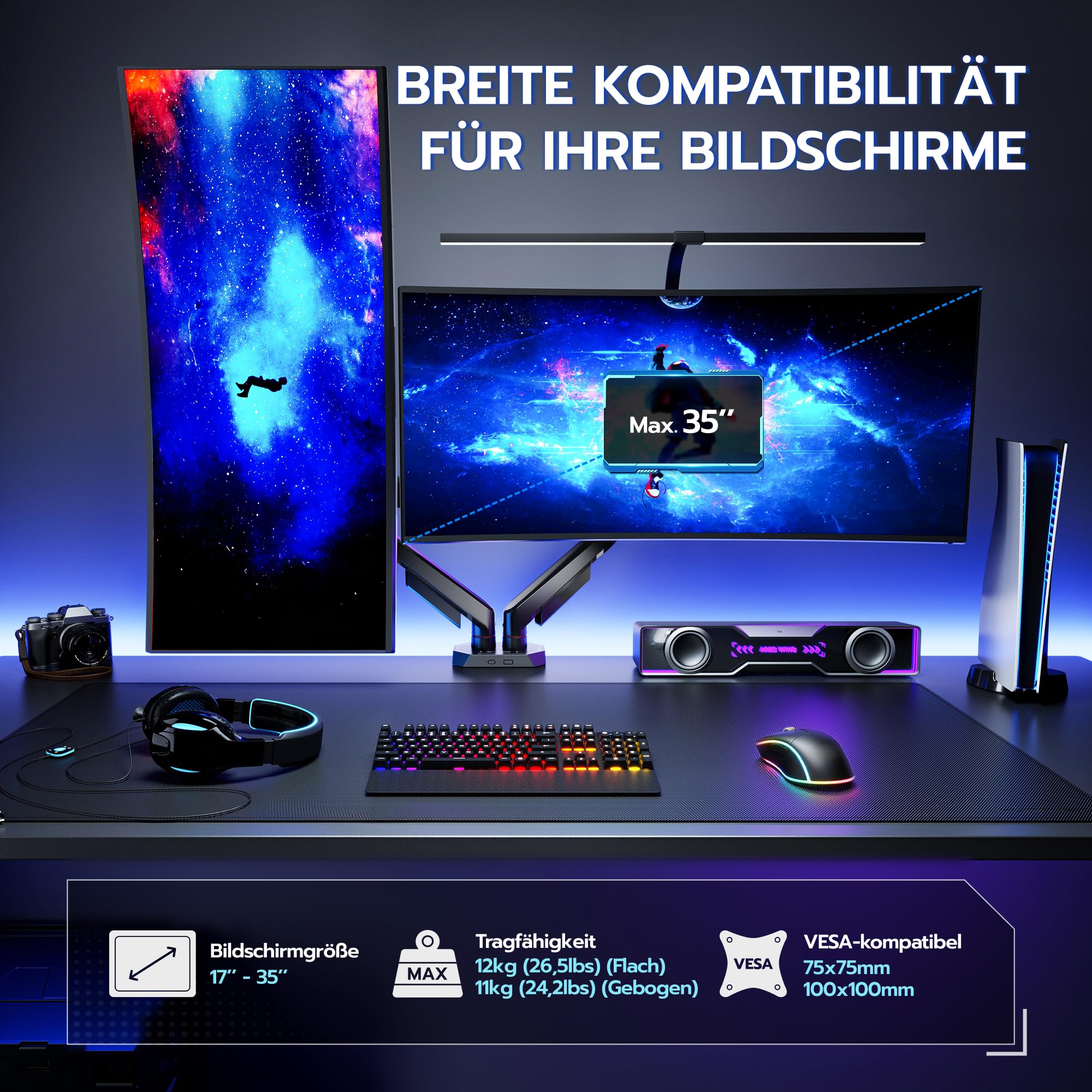 ARES WING Monitor Halterung 2 Monitore für 17–35" Bildschirme,Dual Monitorarm mit 2–12 kg Tragkraft,Bildschirmhalterung Höhenverstellbar, 75/100mm Vesa-Halterung,Schwarz 2