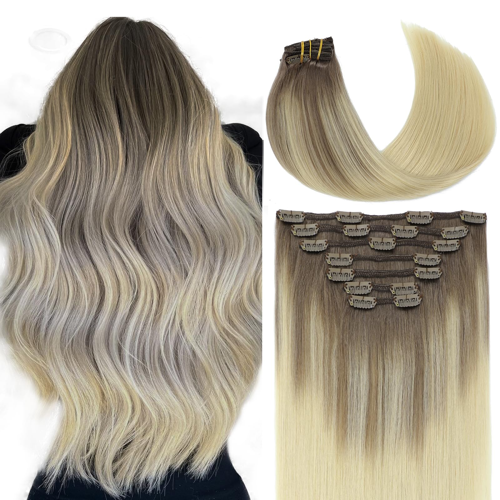 VINBAO Thick Hair Extensions, 20inch 160g Real Human Hair Balayage Light Brown to Platinum Blonde, Remy Natural Clip in Human Hair Double Wefted (#7C8T60, 20'')