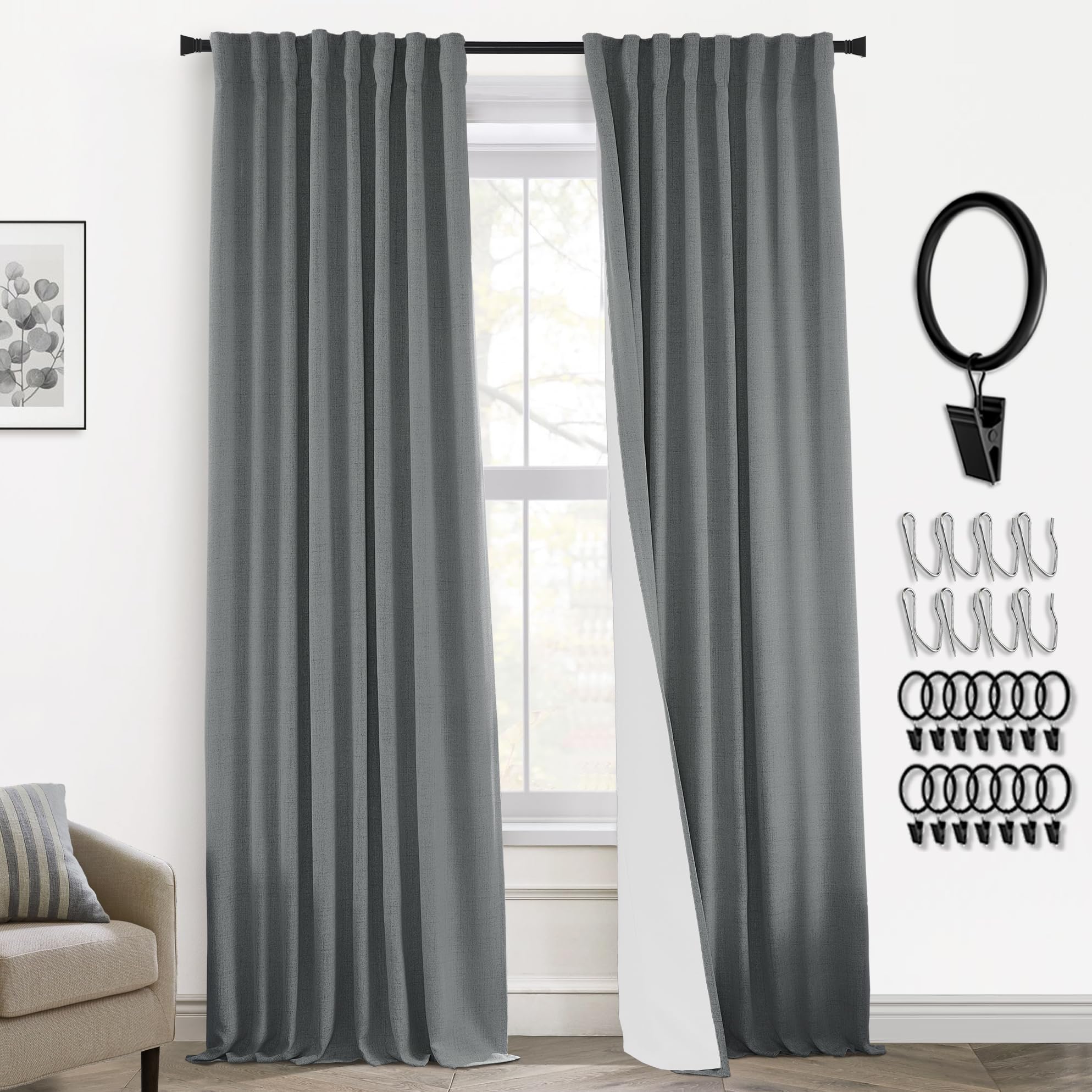 Photo 1 of 108 Inch Curtains 2 Panels Set,Grey Curtains 108 Inches Long for Livingroom Back Tab Hooks Pleated Blackout Tweed Linen Look Blacked Out Curtain for Bedroom,Dark Gray