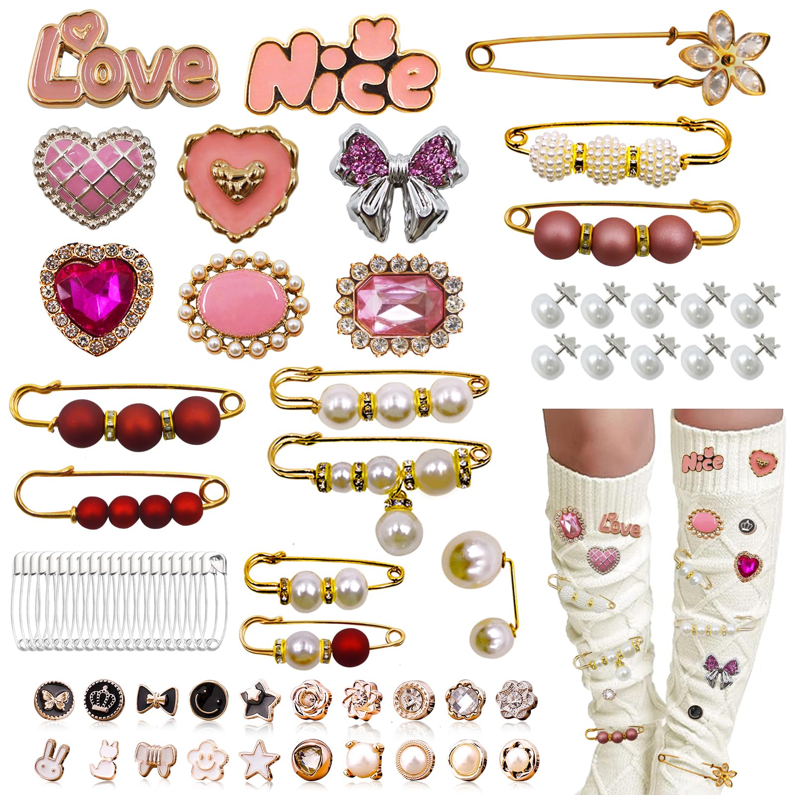 Photo 1 of Junk Sock Charms Kit - 68 Pcs Bling Charms for Socks - Gold Brooches and Pins for Women - Shoe Charms for Sneakers - Diy Decorative Safety Pin Bulk for Clothing,Shoe & Hat Pin Accessories (Pink)