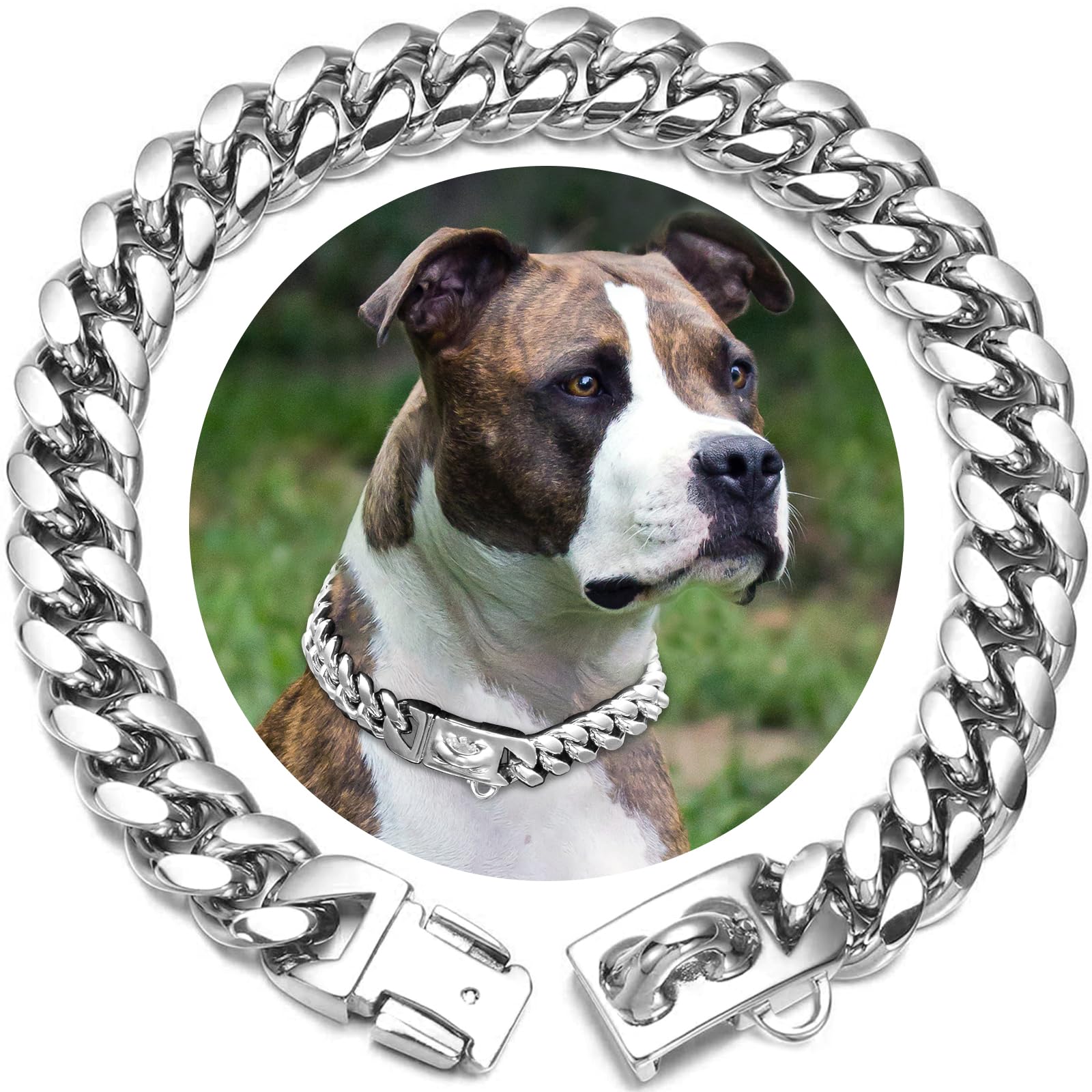 HIAOCEEY 14mm Wide Silver Dog Chain Collar Walking Metal Chain Collar with Design Secure Buckle,18K Silver Plated Cuban Link Strong Heavy Duty Chew Proof for Small Medium Big Dogs (40cm,Silver)