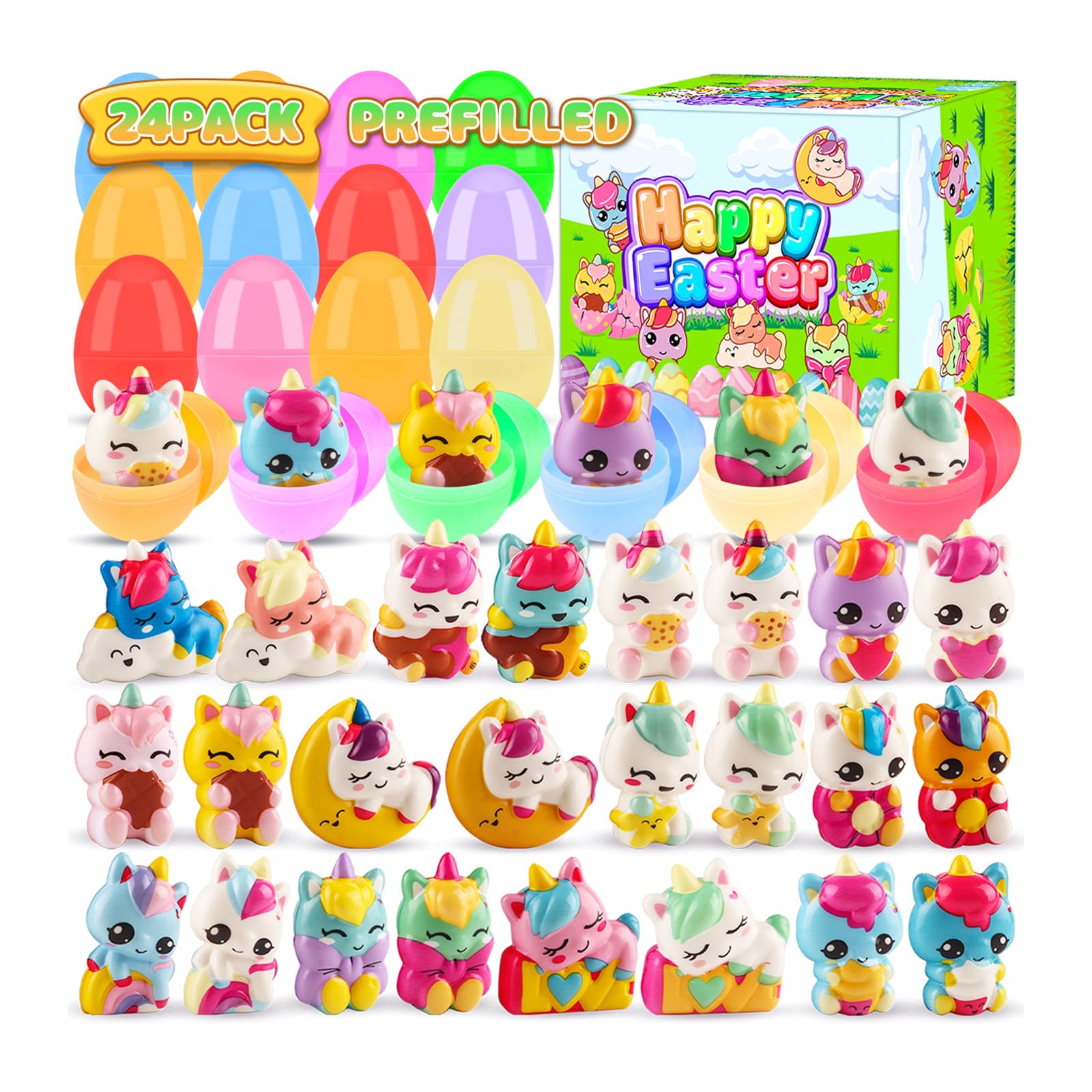 Ksmky 24PACK Prefilled Easter Eggs with Unicorn Squishy Toys, 2.75inch Easter Eggs Filled with Slow Rising Toys, Easter Gift for Kids Girls Boys, Prefilled Eggs for Easter Egg Hunt, Easter Prizes