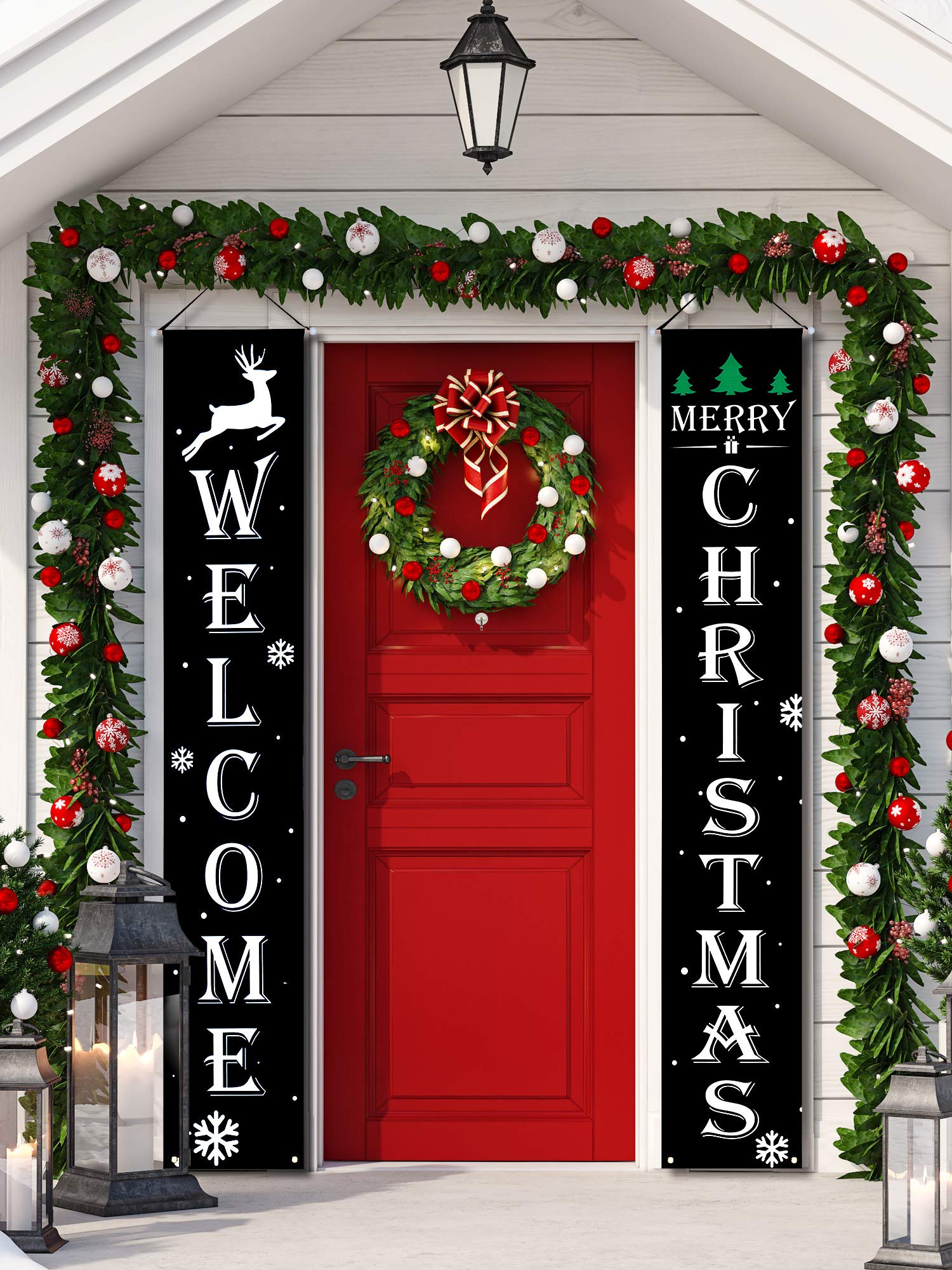 Photo 1 of 2 Pieces Welcome Christmas Banners Christmas Hanging Porch Sign Black Color Merry Christmas Outdoor Sign for Home Wall Indoor Outdoor Party