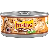 Purina Friskies Wet Cat Food Pate, Extra Gravy Pate, (24) 5.5 oz Cans | Moist cat food in gravy with real chicken, smooth easy-to-chew pate texture, made with no artificial colors or preservatives