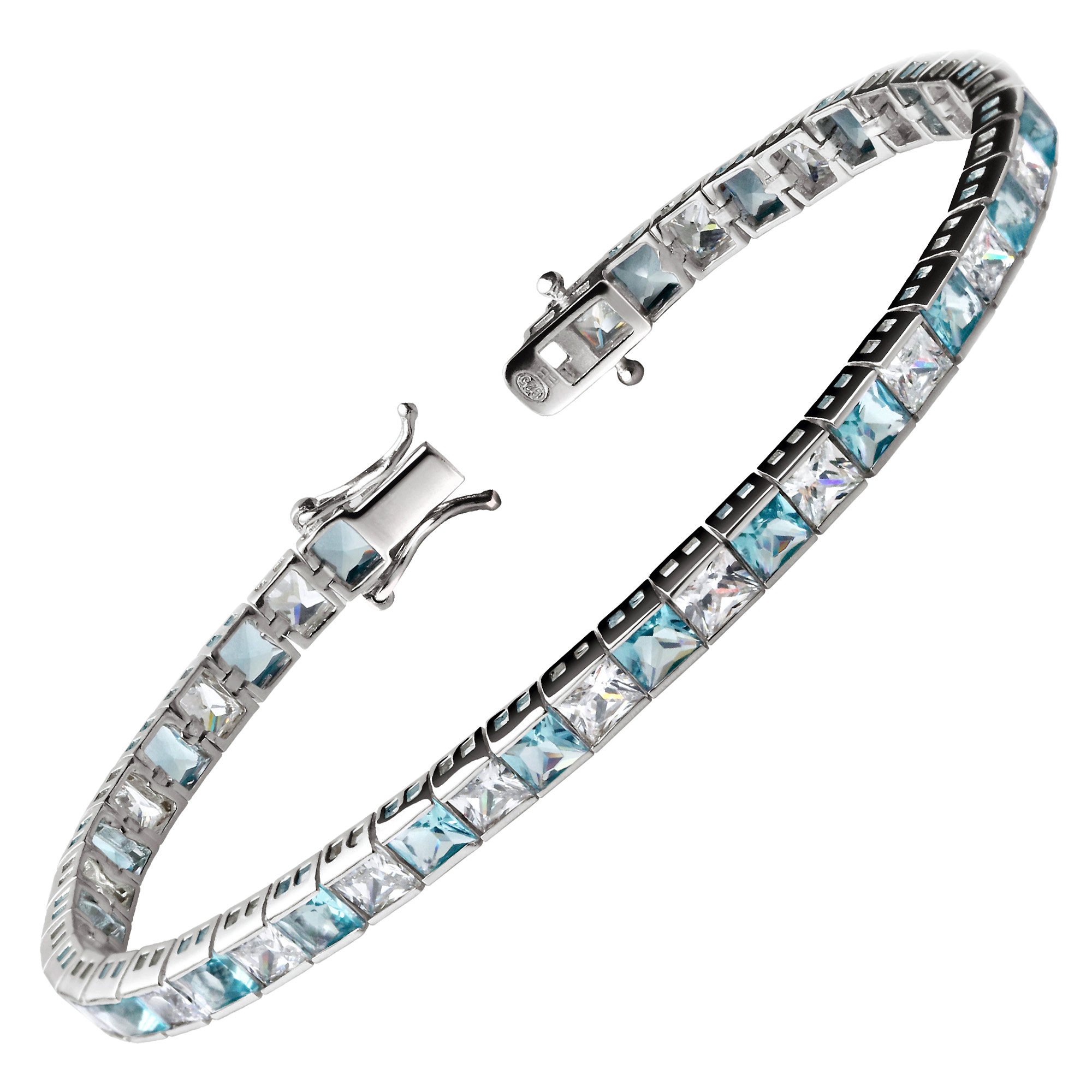 Franki Baker 925 Sterling Silver Beautiful Blue Princess Cut Aquamarine & Diamond CZ Tennis Bracelet. Length: 19cm