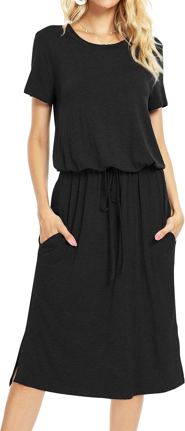 Simier Fariry Women's Adjustable Waist Midi Dress with Pockets