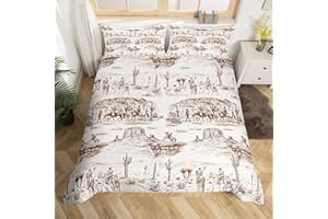 CASTLE FAIRY Western Cowboy Duvet Cover Set Queen Size Brown Sketch Desert Wild Horse Bedding Set 3Pcs for Kids Boys Men Girls Bedroom Decor Rustic Farmhouse Comforter Cover Animals Quilt Cover,2 Pillowcase